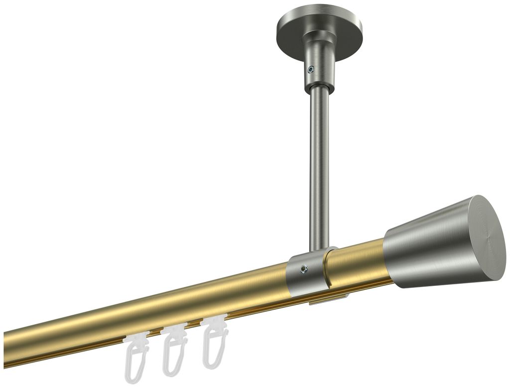 Interdeco Innenlaufstange / Gardinenstange mit Innenlauf Messing-Optik / Edelstahl-Optik, Typ Sonette Sitra (Konus) Deckenmontage, 20 mm Ø 1-läuf...