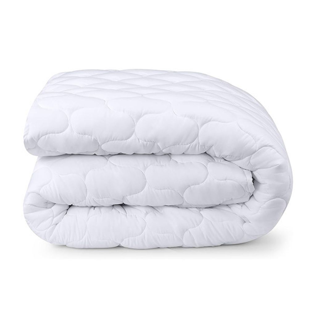 A folded white mattress protector on a white background.