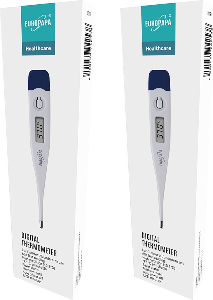 EUROPAPA 2 Stück Digitales Fieberthermometer für Babys, Kinder und Erwachsene, Thermometer für oral, axillar oder rektal, wasserdicht mit Fieber...