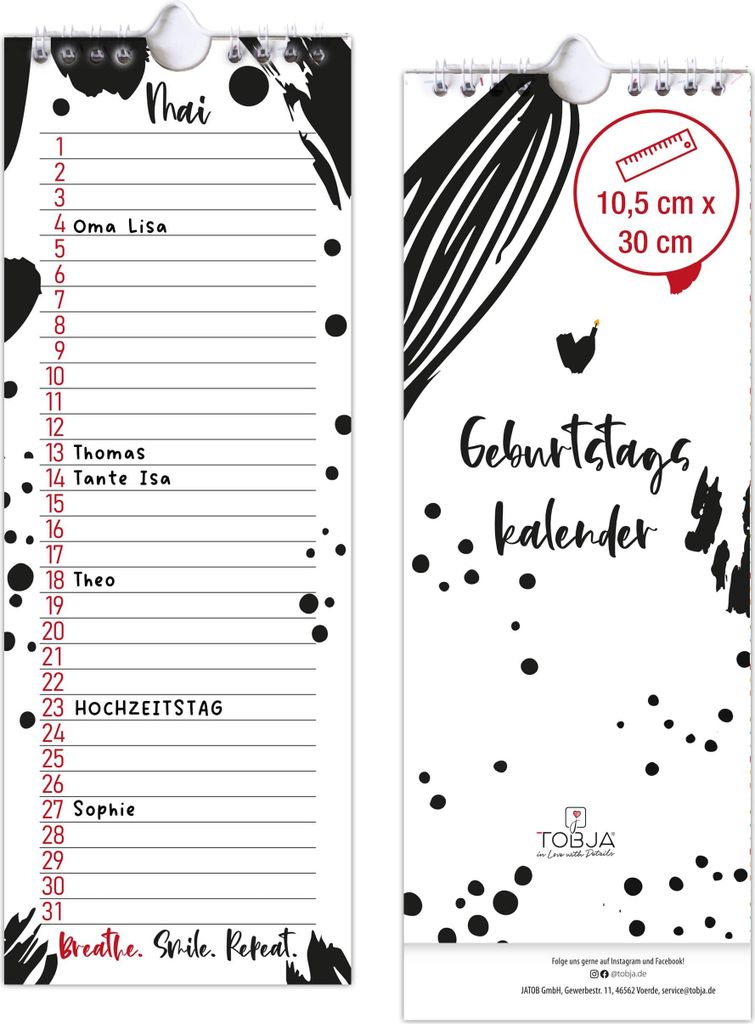 Immerwährender Geburtstagskalender jahresunabhängig Schwarz-Weiß – 11 x 30 cm – Wandkalender ohne Jahr – Kalender für Geburtstage & beson...
