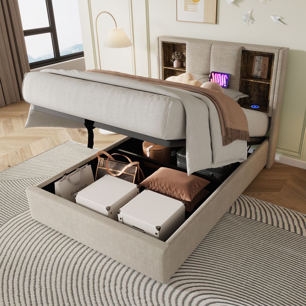 A bed with its storage compartment open, revealing stored items, in a bedroom setting.