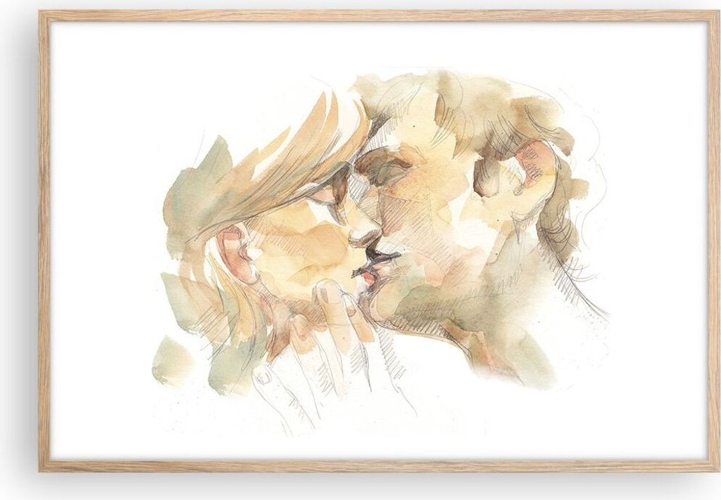 Gerahmtes Poster - Rahmen in heller Eiche - Kuss Paar Liebe - 91,5x61 cm - Wand Bild - Wanddeko - Wandbilder - Kunstposter - Wandposter - Bilderrah...