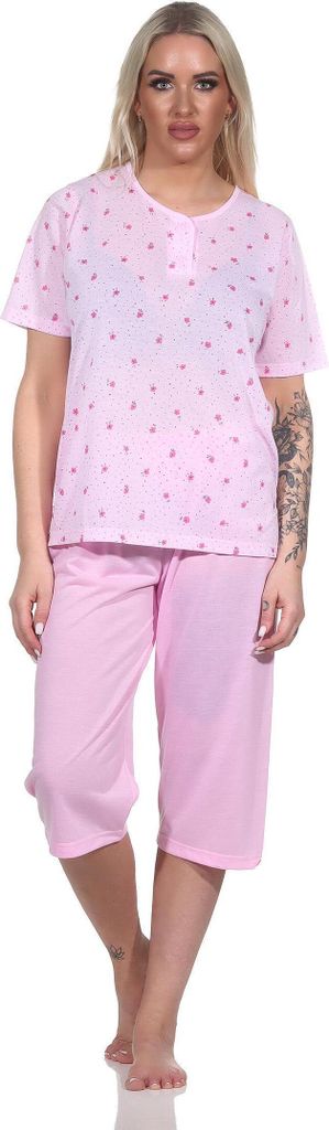Damen Pyjama 3/4 Hose & Shirt mit Blumenmuster; Rosa/M/38
