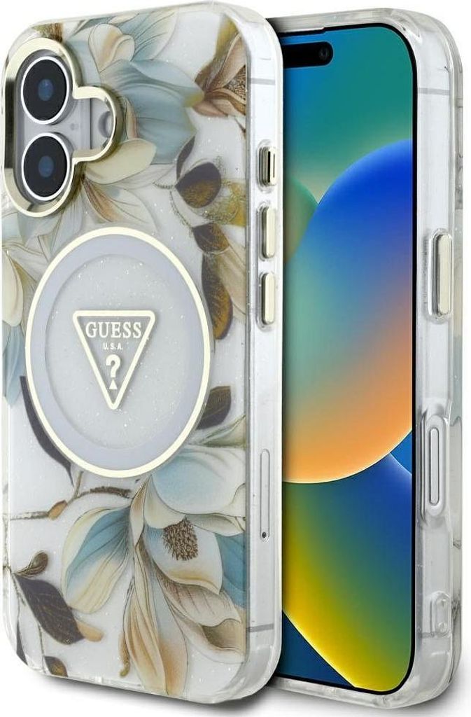 GUESS case passend für IPHONE 16 kompatibel mit MagSafe GUHMP16SHFLPEDH (IML Metal Glitter Flowers Triangle) white