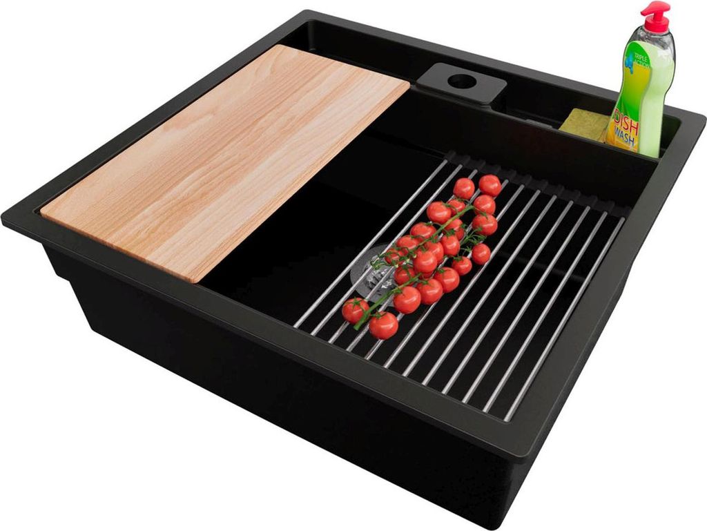 PRIMAGRAN Spülbecken Schwarz 56x54cm, Granitspüle 1 Becken + Ablauf-Set + Küchenzubehörset, Küchenspüle ab 60er Unterschrank - Bergen Pocket