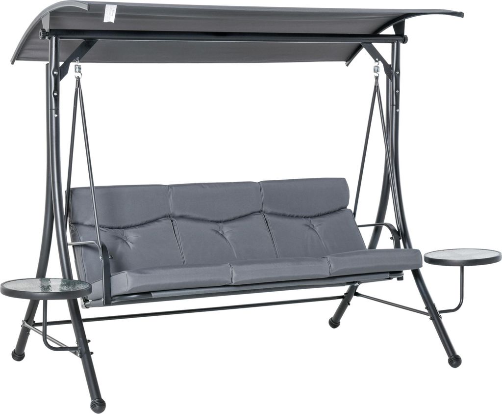 Hollywoodschaukel 3-Sitzer Gartenschaukel Schaukelbank mit verstellbarem Sonnendach Teetisch Stahl Polyester Grau+Schwarz 271 x 125 x 177 cm