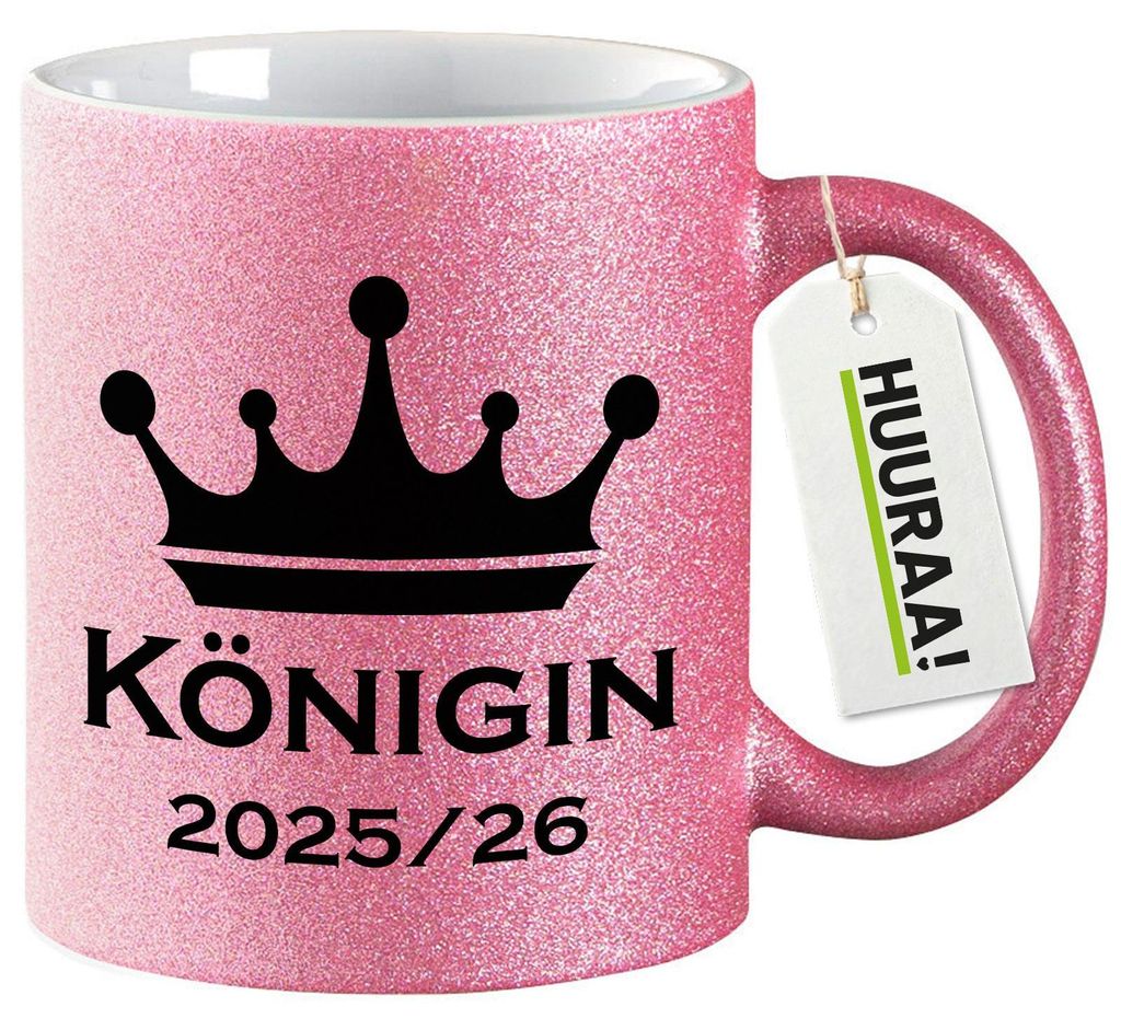 Huuraa Glitzertasse Königin 2025/26 Schützenkönigin 330ml Pink Keramik Kaffeebecher Geschenkidee