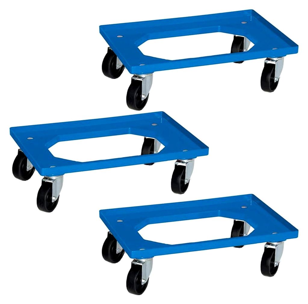 3 Logistikroller für Behälter 600 x 400 mm, schwarze Räder, blau, Tragkraft 250 kg