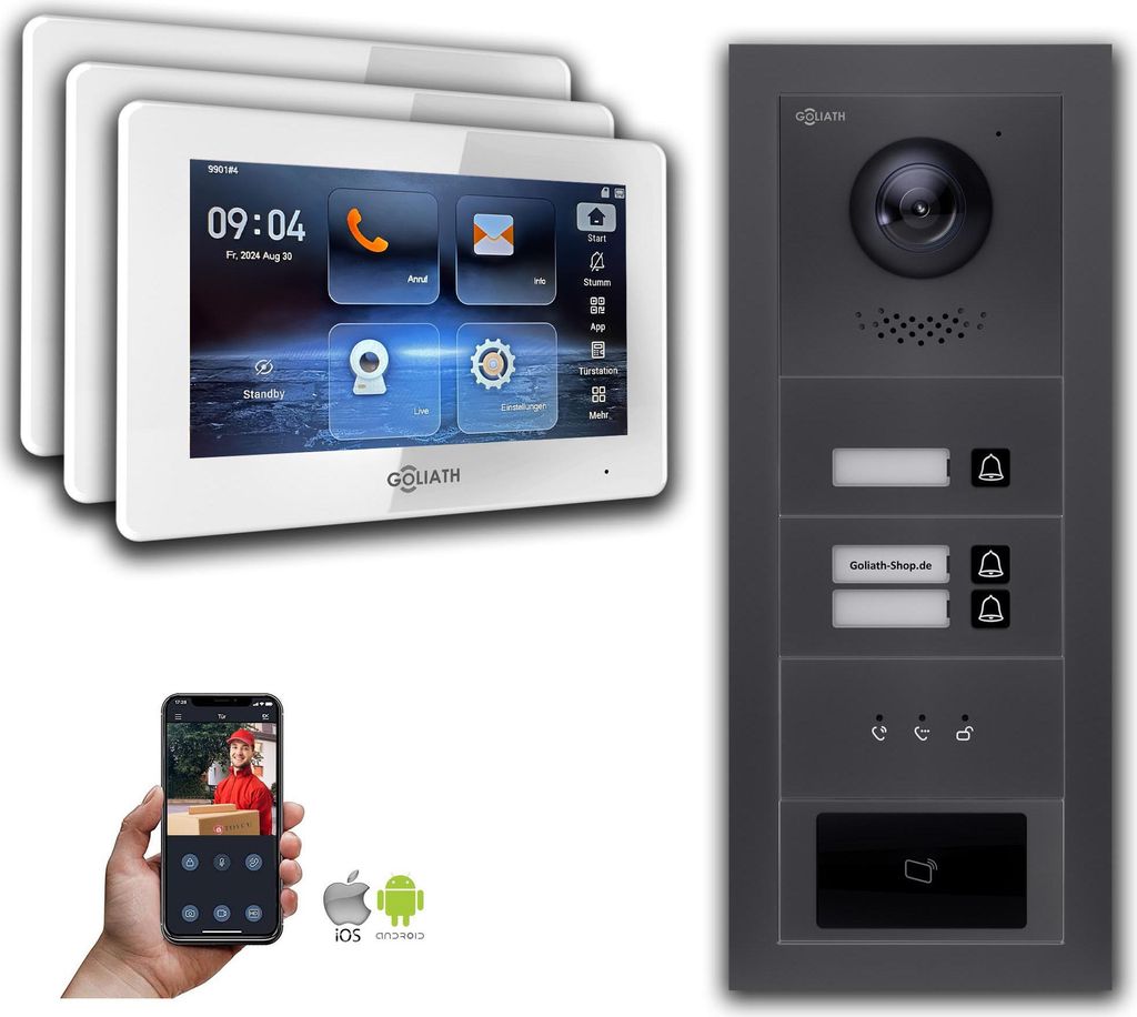 Goliath IP Video Türsprechanlage: 7-Zoll 3 Familienhaus, RFID, Anzeige, Anthrazit : 7 Zoll Weiß : 4er POE : Unterputzdose Anschluss: 4er POE Moni...