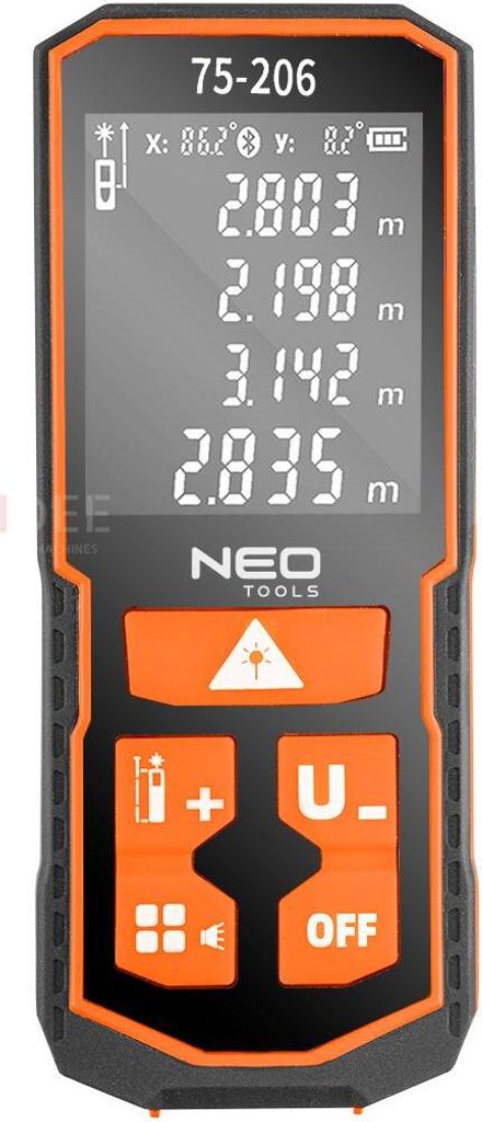 NEO TOOLS Laser-Entfernungsmesser, IP54, Laserstrahllänge 635 nm, Stromversorgung 2xAA NI-MH-Akkus, oder 2 AA Alkaline-Batterien, Speicher für di...