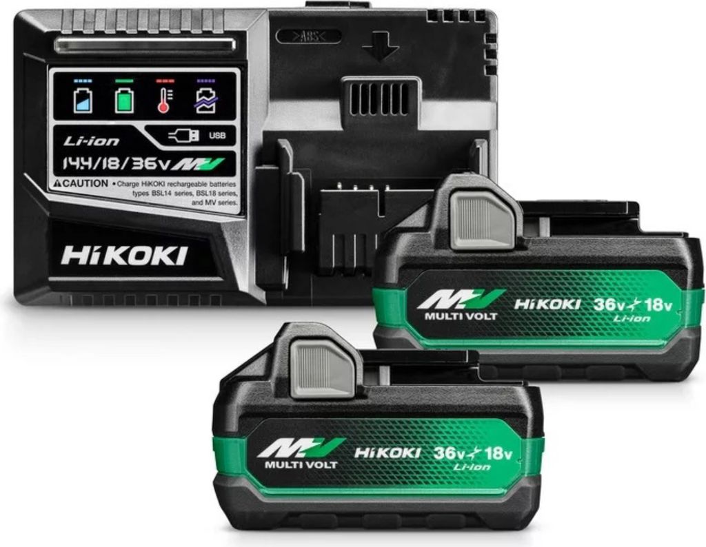 A product shot of a battery charger and two batteries.