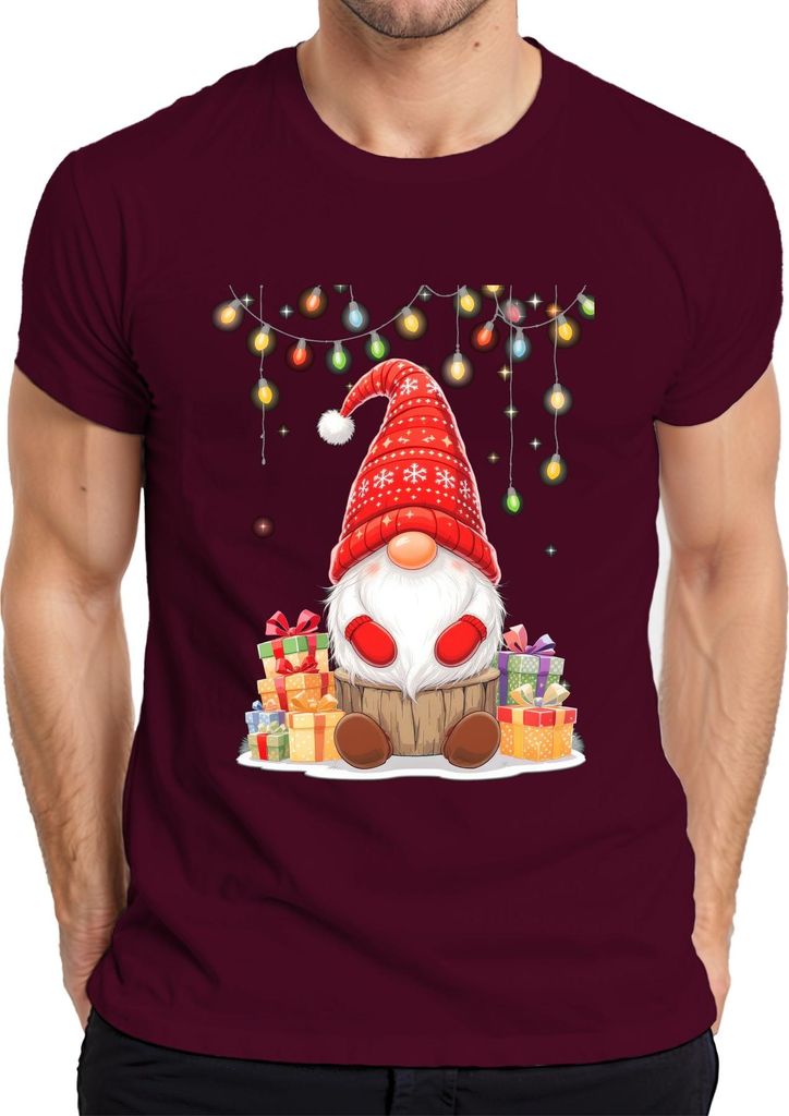 Weihnachtswichtel Gnom rote Mütze Geschenke Lichterkette nordisch Herren T-Shirt, Burgundy, M