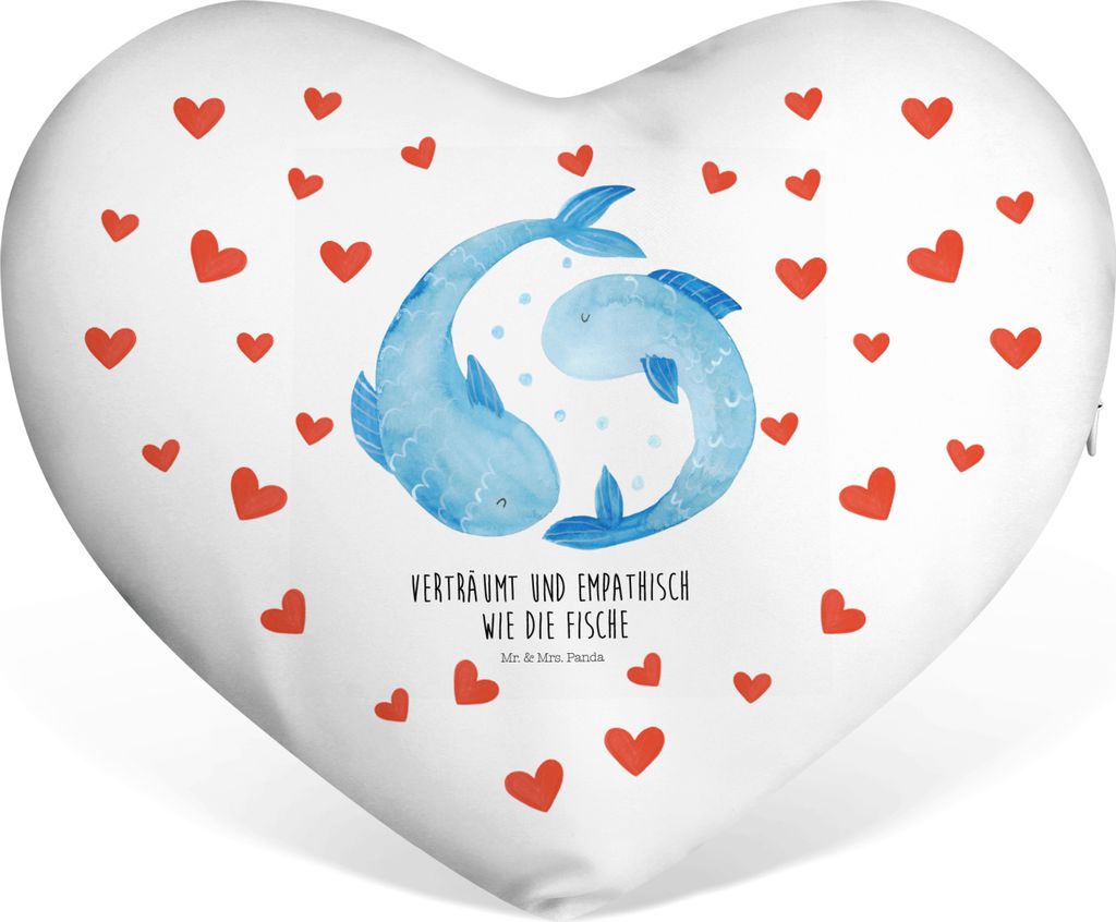 Mr. & Mrs. Panda Kissen Herz Sternzeichen Fische - Weiß - Geschenk, Fisch, Dekokissen, Sternbild, Liebeskissen, Geburtstag Februar, in Herzform, K...