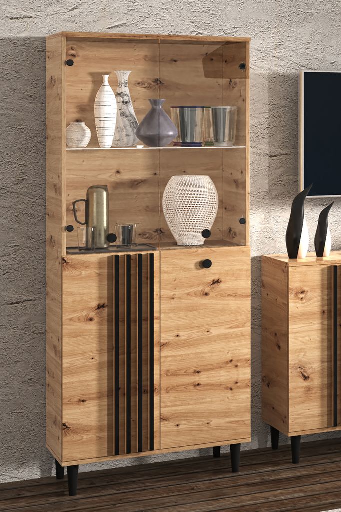 Vitrine Laura III Glas Bar Schrank Schränke Regal Holz Möbel Wohnzimmer Glastür mit Holzbeine Standvitrine Wohnzimmerschrank ohne LED-Beleuchtun...