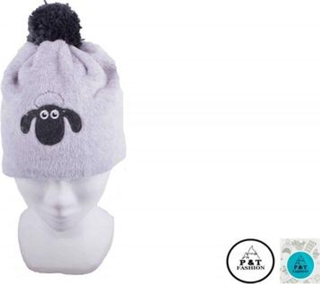 P&T Kindermütze Schafmotiv - Kinderwintermütze mit Dunkelgrauem Pompon, Hellgrau/Dunkelgrau, Größe 49-51, aus 100% Polyester
