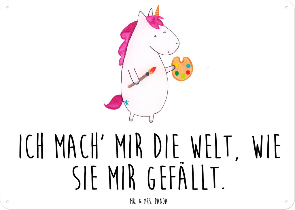 Mr. & Mrs. Panda Blechschild Einhorn Künstler DIN A6 - Weiß - Geschenk, tafel, Wandschild, Englisch, Wandbild, Zeichnen, Farbe, wandtafel, Welt, ...