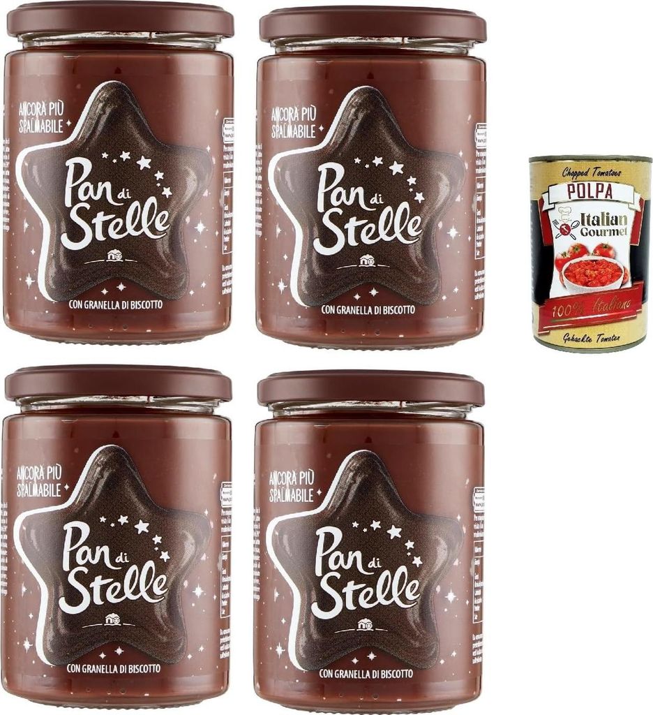 Pan di Stelle Creme 4×380g – Haselnuss-Kakao-Aufstrich mit Keksgranulat, ohne Palmöl, cremig & knusprig, ideal für Brot, Dessert & Topping + I...
