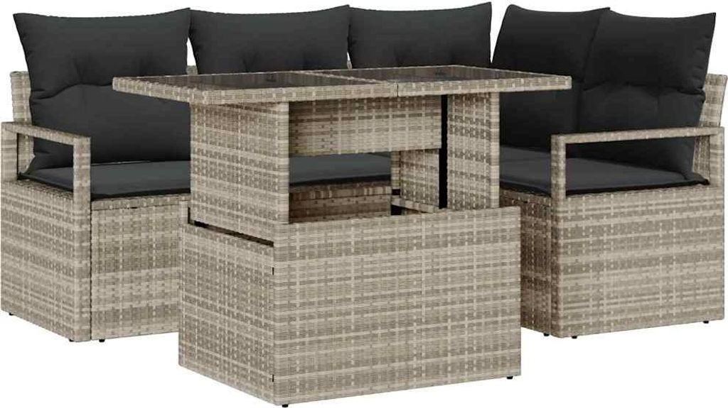 vidaXL Garten-Sofa-Set mit Kissen 5 pcs Hellgrau Poly-Rattan