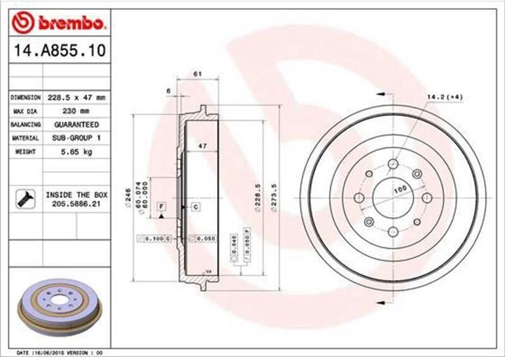 Bremstrommel BREMBO 14.A855.10 Produktbild 