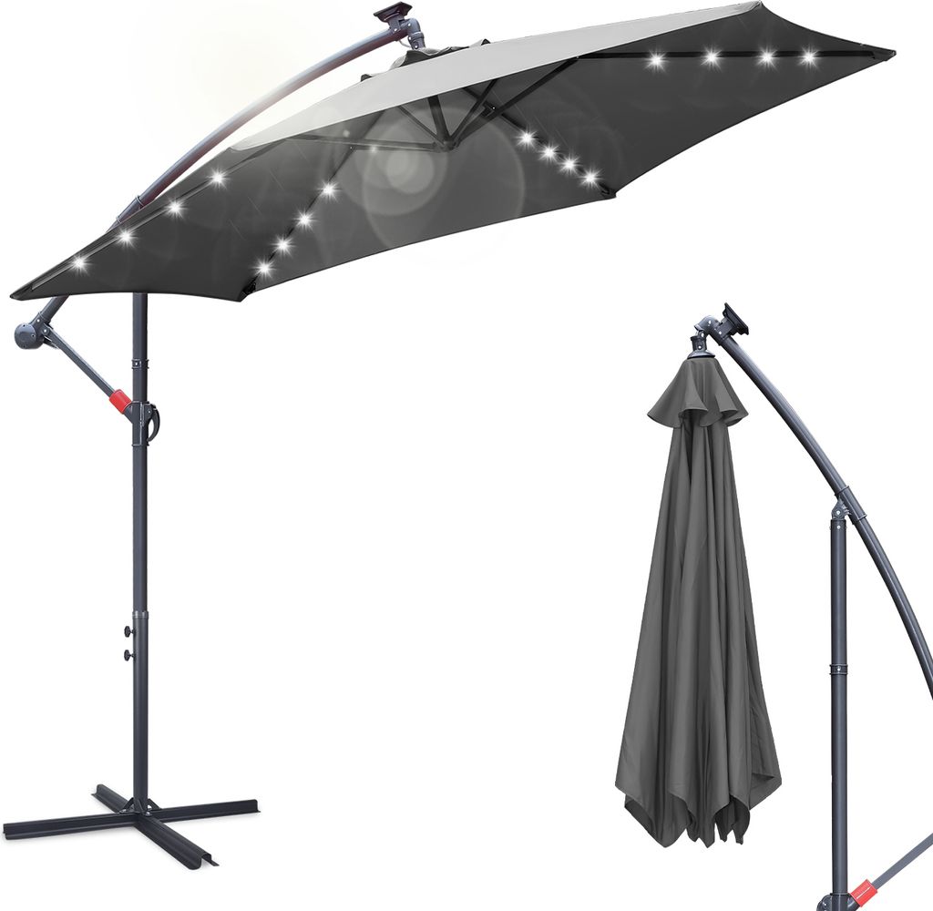 Aopunly Sonnenschirm mit LED Beleuchtung Ø300cm Ampelschirm 360° drehbare Garten Schirm Pavillon Grau