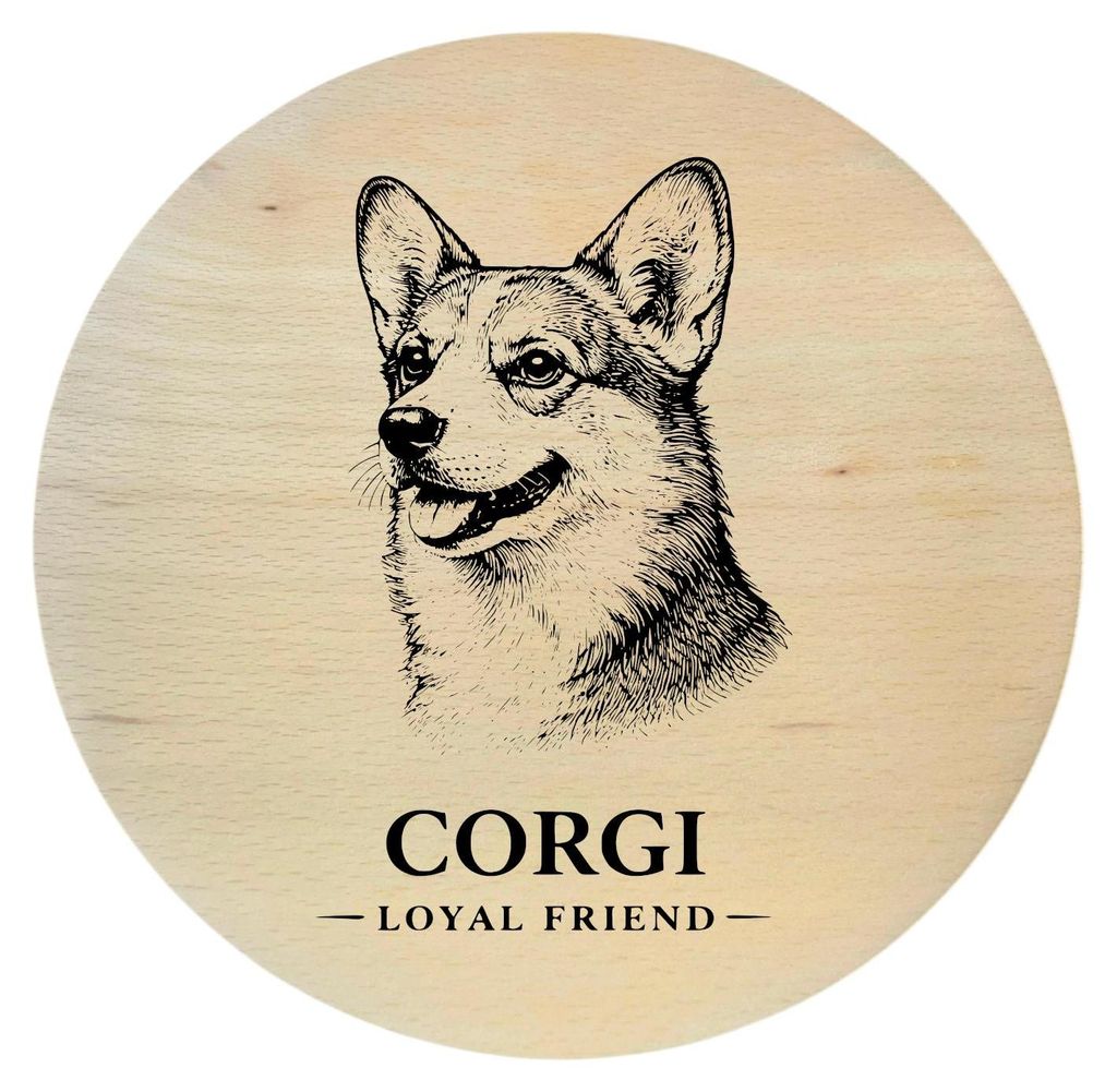 Buchenholzbrett mit Hundegravur – Corgi, rund 25 cm