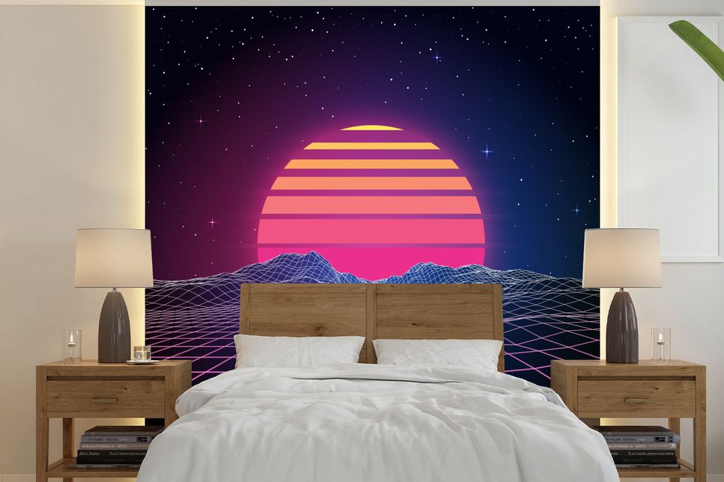 MuchoWow Fototapete für Wohnzimmer oder Schlafzimmer Wandtapete Vinyl Motivtapete Eine Science-Fiction-Illustration eines Sonnenaufgangs - 300x3...