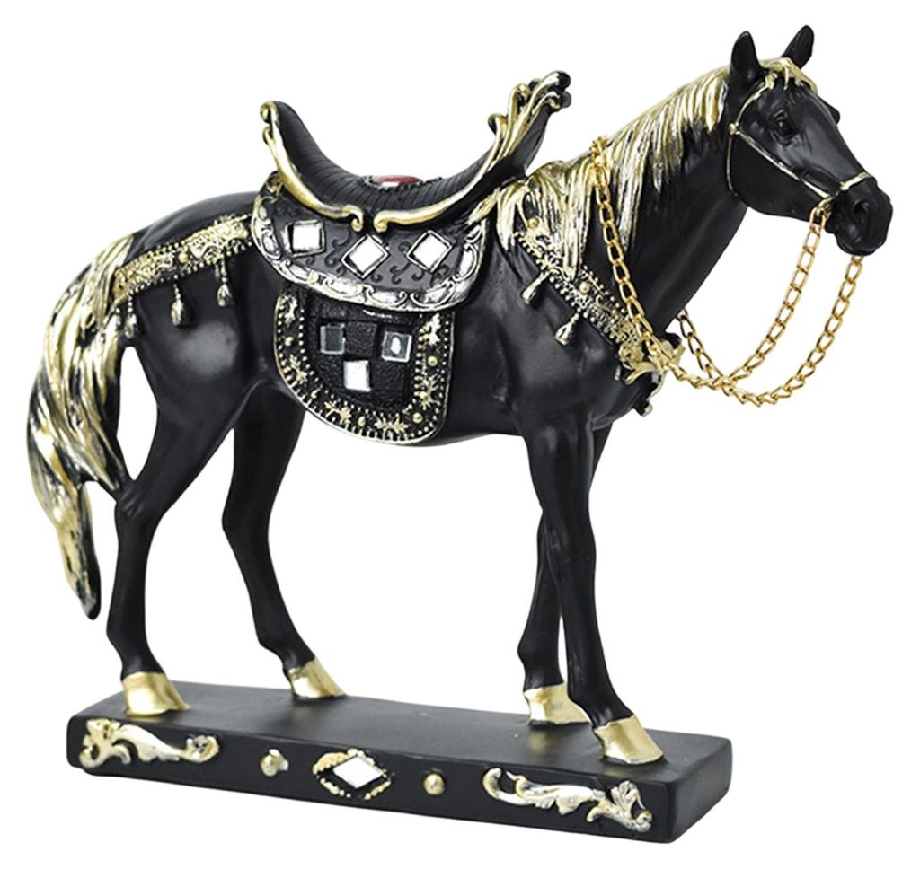 Retro-Pferdestatue, künstlerische Pferdefigur mit Sockel, goldfarbene Pferdeskulptur aus Kunstharz für Regal, Kaminsims oder Schrank