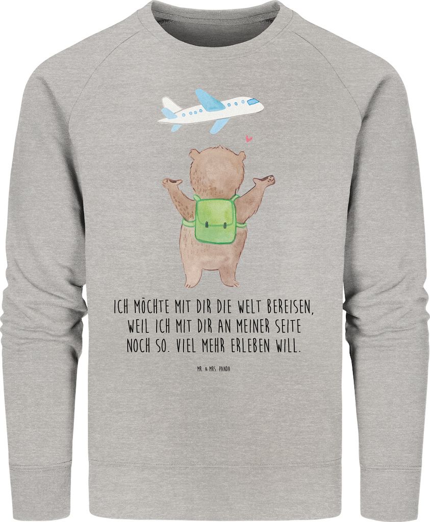 Mr. & Mrs. Panda Organic Sweater Bär Flugzeug Größe M - Heather Grey - Geschenk, für Freundin, Hochzeitstag, Pulli, Pullover, Frauen, Valentins...