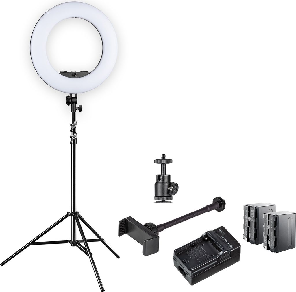 Walimex pro LED Rainbow Ringleuchte mit Lampenstativ & 2x Akku, RGB Ringlicht mit 60 W, Regenbogen LED per App steuerbar, Videoleuchte mit Smartpho...