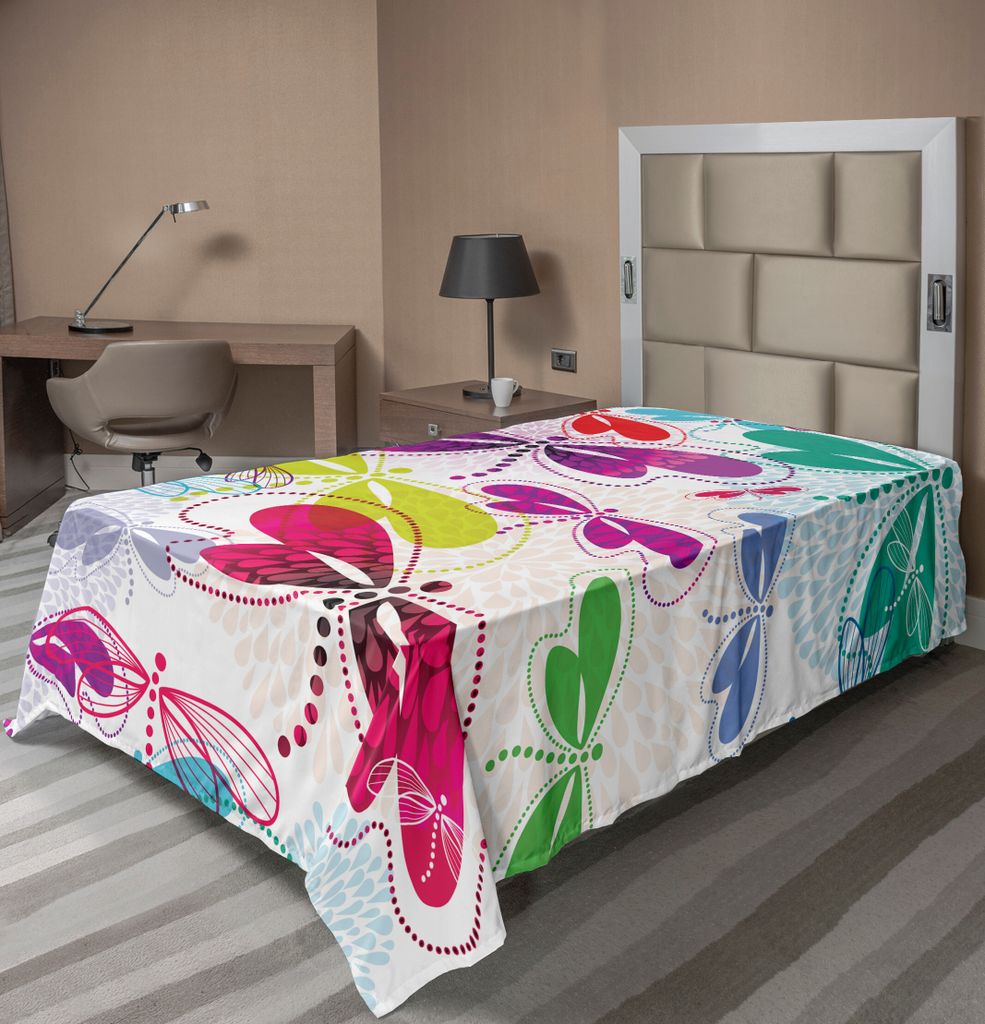 ABAKUHAUS Libelle Bettlaken, Moderne Libellen Und Blumenmuster Hortensie Blumenblatt Mögen Feuerwerk Bunte Kunst, weiches bequemes oberes Bettlake...