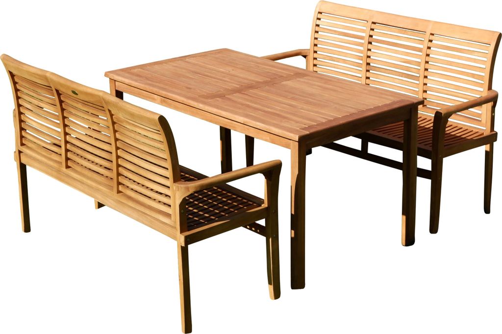 TEAK XL Set Gartentisch 150x80cm + 2 Bänke je 150cm JAV-ALPEN Gartenset Gartenbankset Gartenmöbel