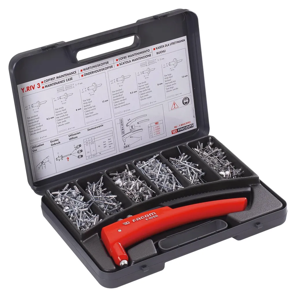 Pince à riveter Facom robuste avec assortiment de 600 rivets acier - 2