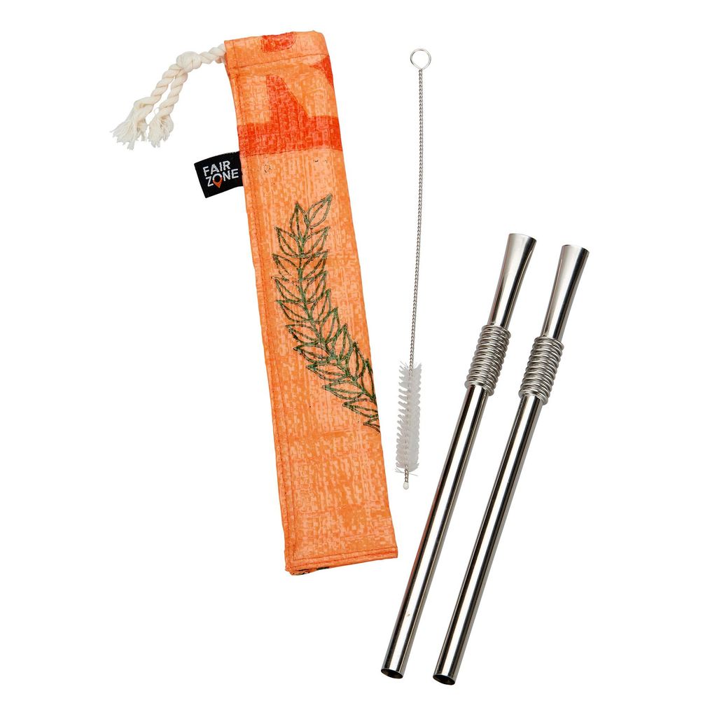 Rice & Carry 2 Edelstahl Strohhalme mit Bürste in einer Tasche biegsam