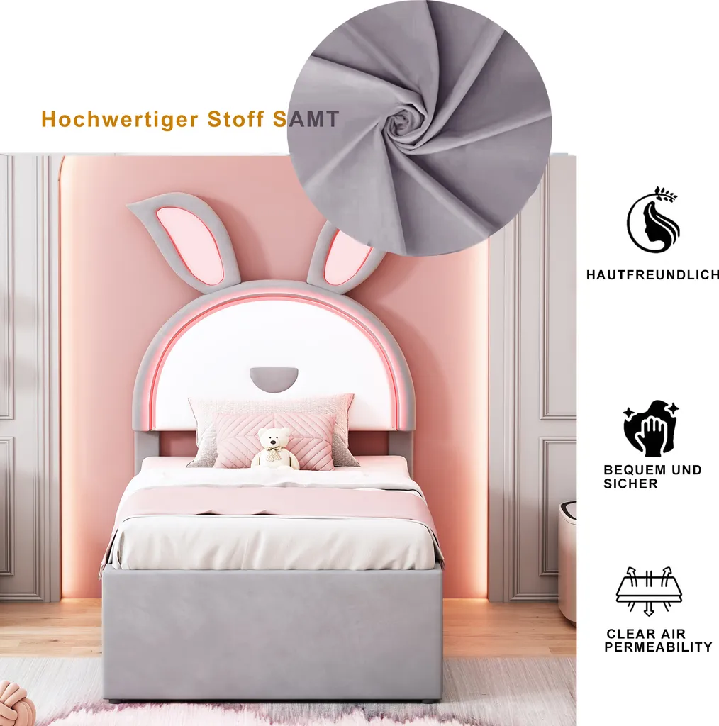 Lit d'adolescent avec LED intégrées et tiroirs en velours gris ultra doux - 5
