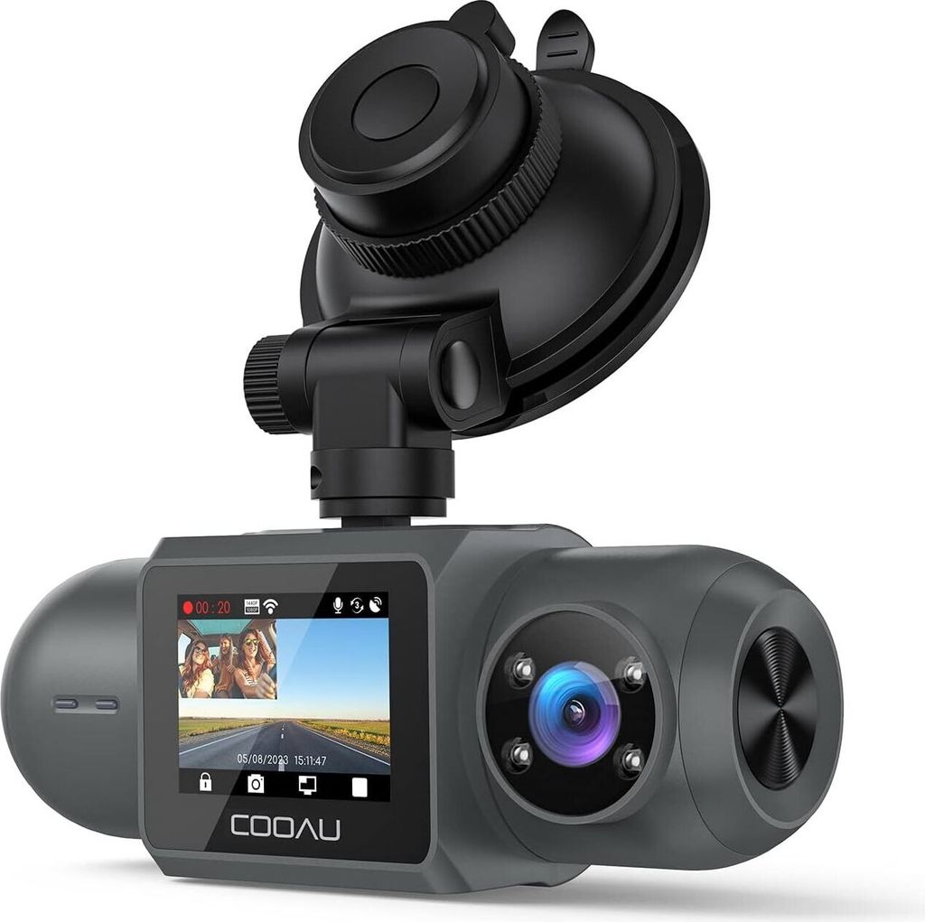 A gray dashcam with a suction cup mount is shown against a white background.