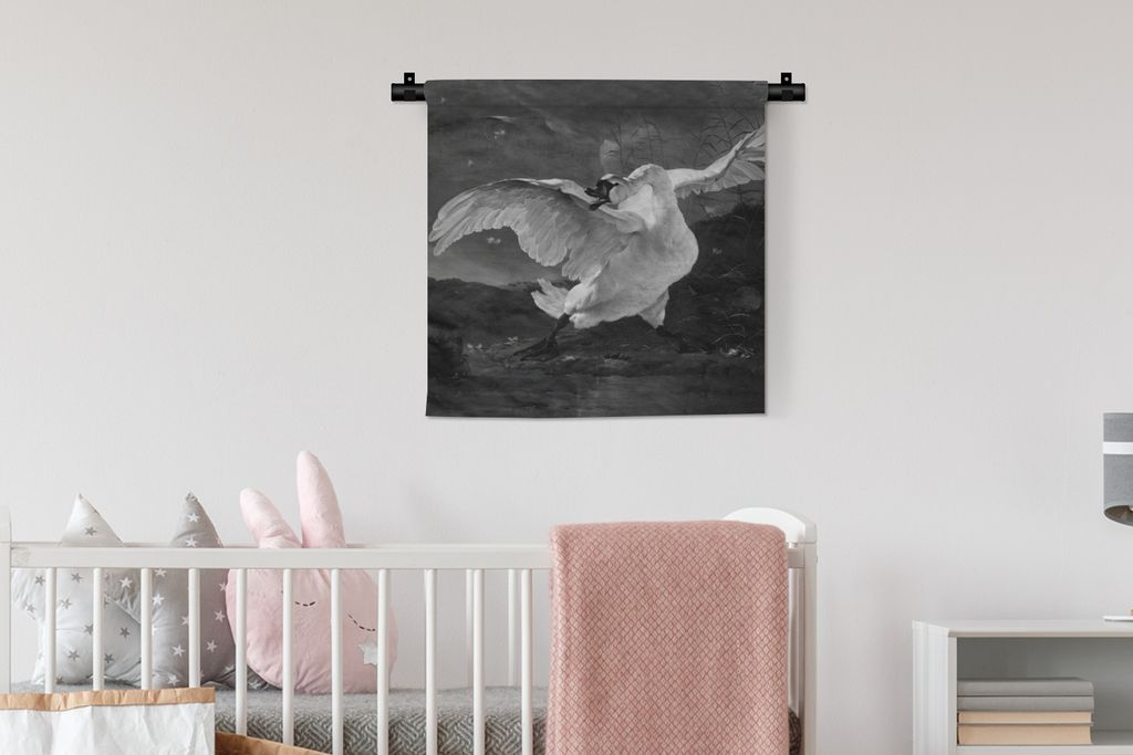 MuchoWow Wandteppich Wandbehang Der gefährdete Schwan - Gemälde von Jan Asselijn - schwarz und weiß 60x60 cm Tapisserie Dekoration Wandtuch - ...