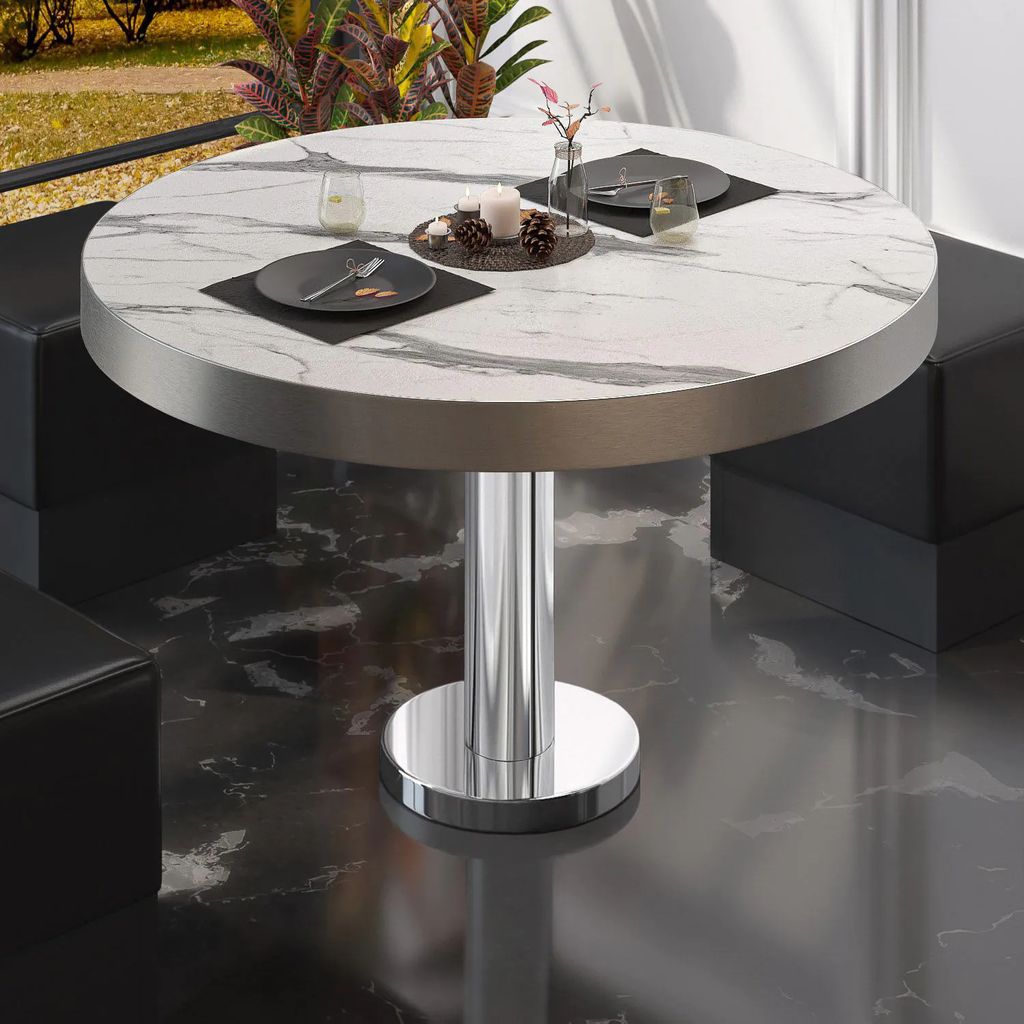 BML | Bistro Loungetisch | Ø:H 70 x 41 cm | Weiß Marmor / Edelstahl | Bistro Loungetisch Gastro Tisch