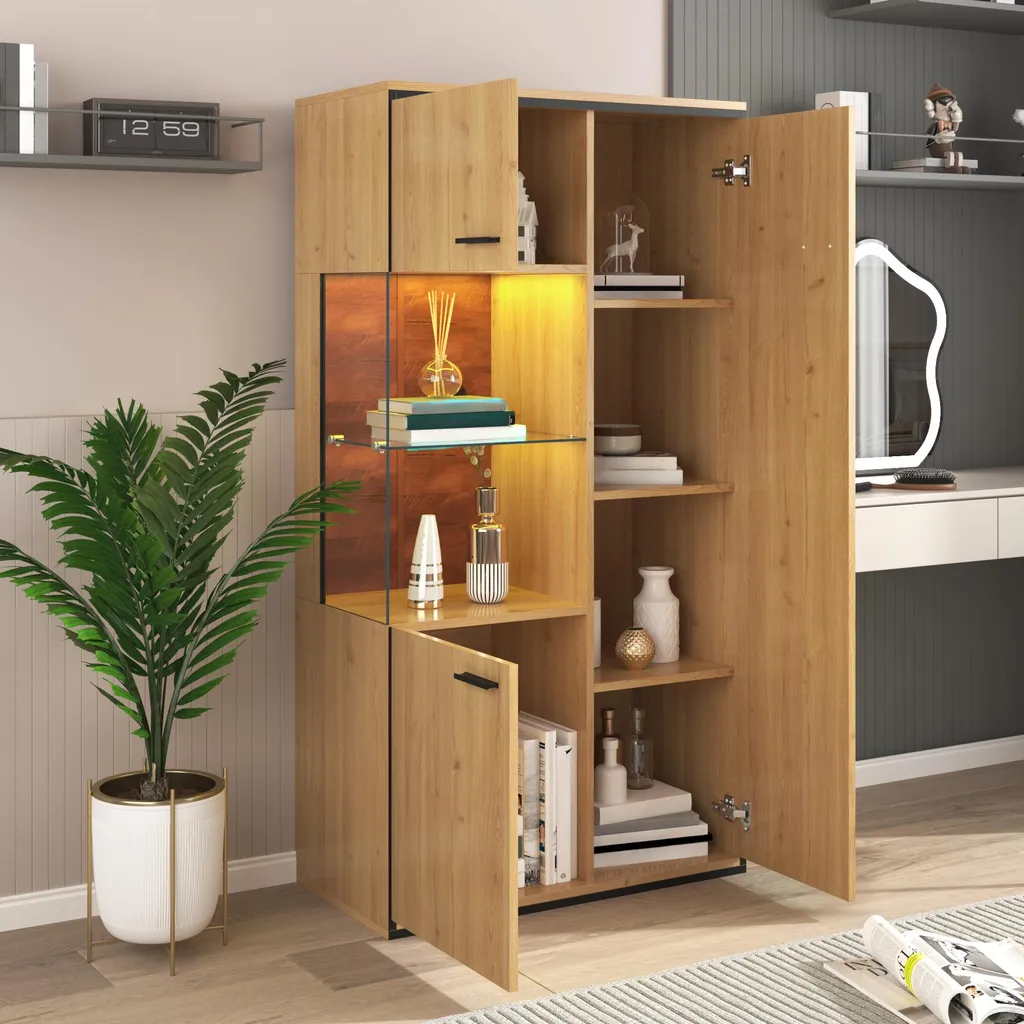 Okwish Vitrine avec Éclairage LED et Portes en Verre pour Salon - Blanc