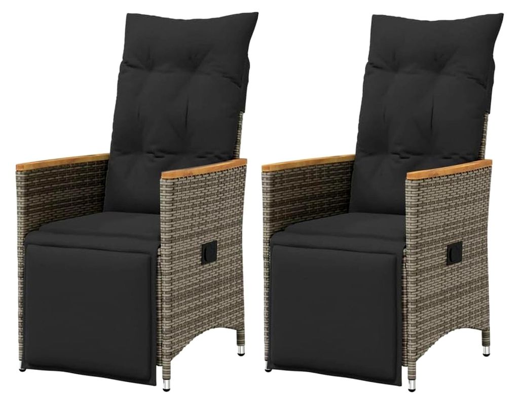 Gartensessel mit Kissen, 2 Stück, verstellbarer Gartenstuhl mit Stahlrahmen, Loungesessel für den Außenbereich, Relaxsessel-Set, grau Poly Rattan