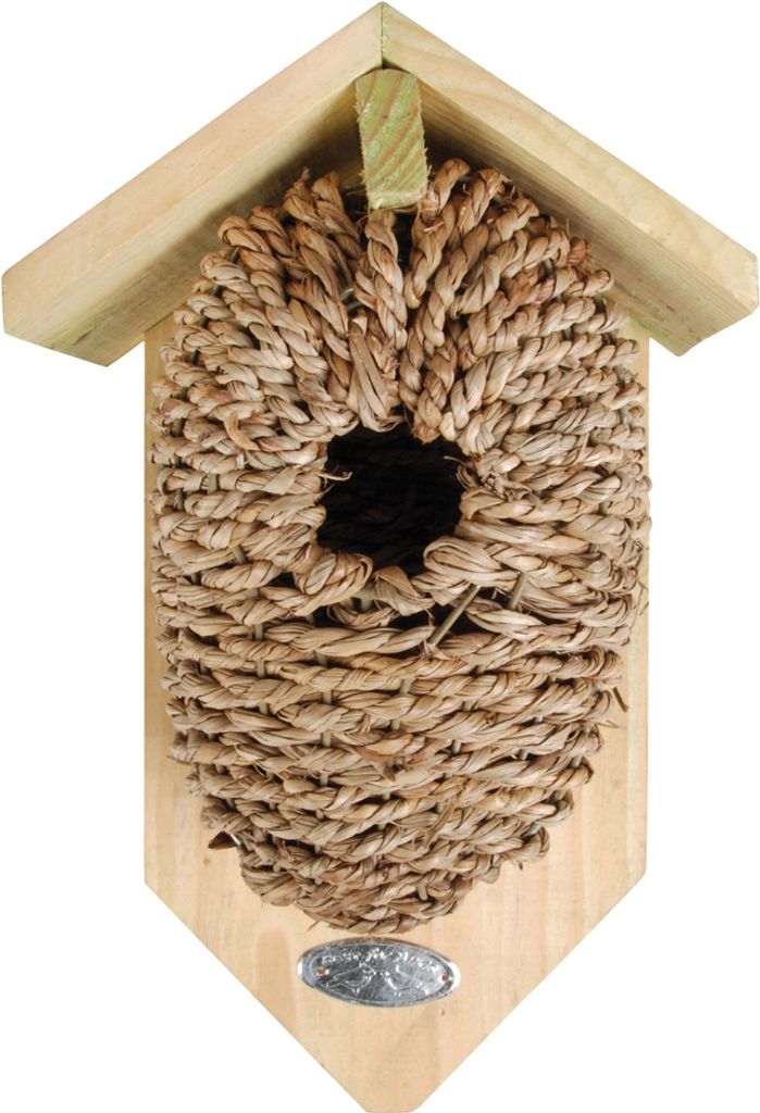 Esschert Design Nestbeutel Kadlin, Nistbeutel / Vogelhaus für Wildvögel, Einflugloch Ø 35 mm, ca. 26 x 14 x 10 cm, Holz/Seegras