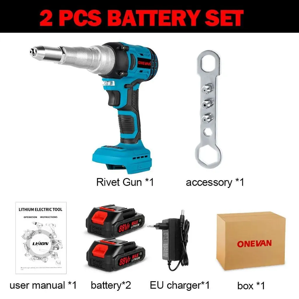Pistolet à riveter électrique sans balais 2.4-5.0 mm avec 2 batteries Or