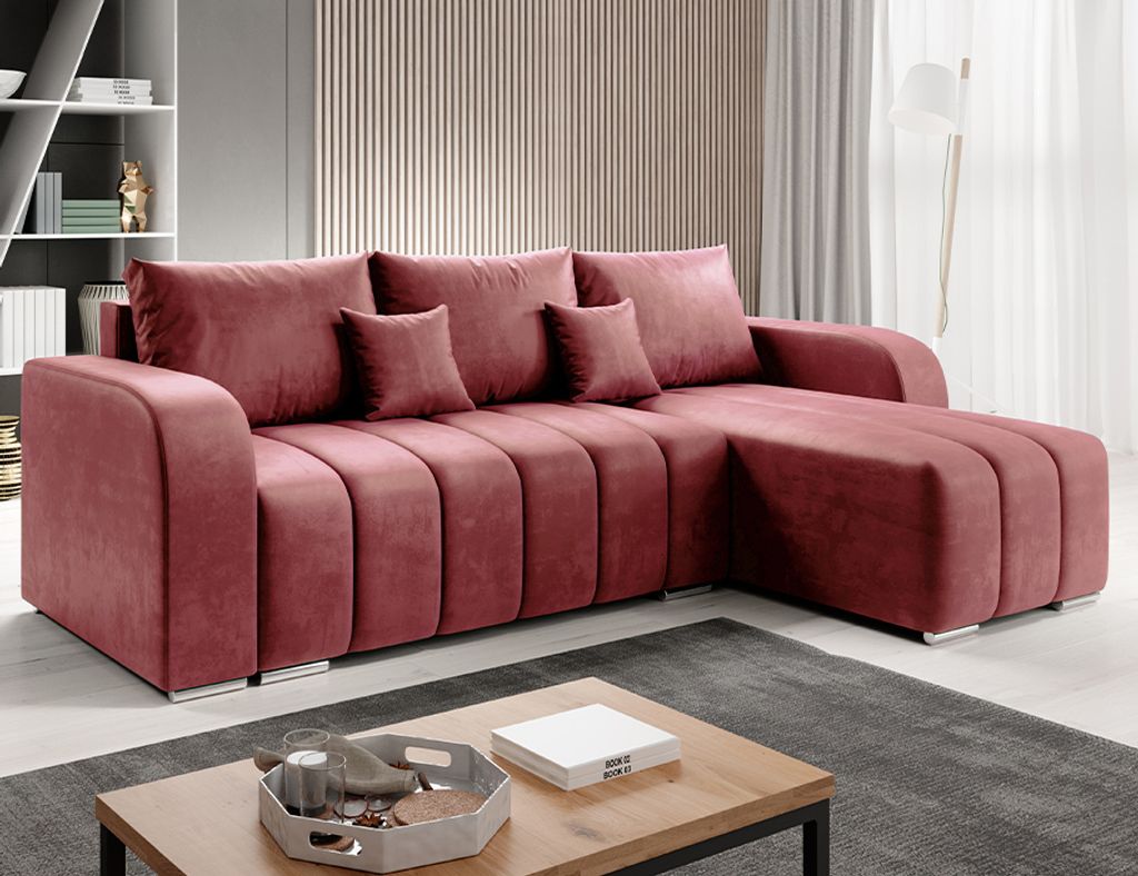 Easy4You Ecksofa Pufetto Rosa L-Form – 245x86x147 cm - Schlafsofa mit Bettkasten und Schlaffunktion - Eckcouch mit Stauraum – Stoff Manila 29