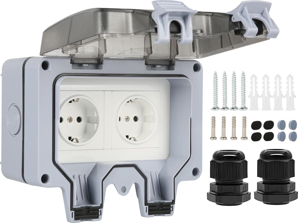 2-fach wasserdichte Außensteckdose IP66, EU Standard Wandsteckdose 16A für Garten, Küche und Garage