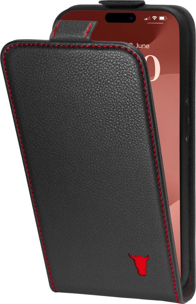 TORRO iPhone 15 Pro Leder Flip Hülle – Schwarz mit Rotem Detail