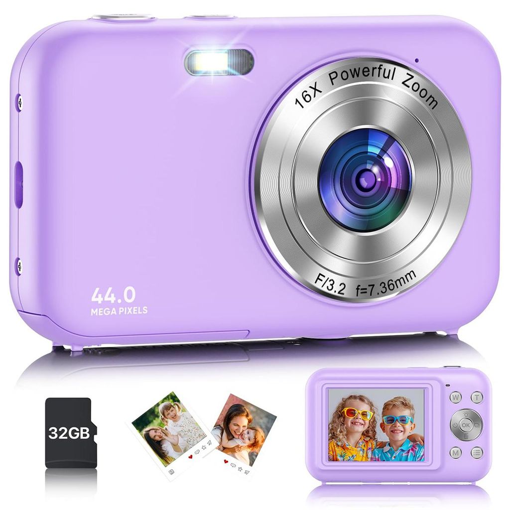 Digitalkamera 44MP 1080P HD mit 32GB Speicherkarte, 16X Digitalzoom, Kompaktkamera für Kinder & Anfänger