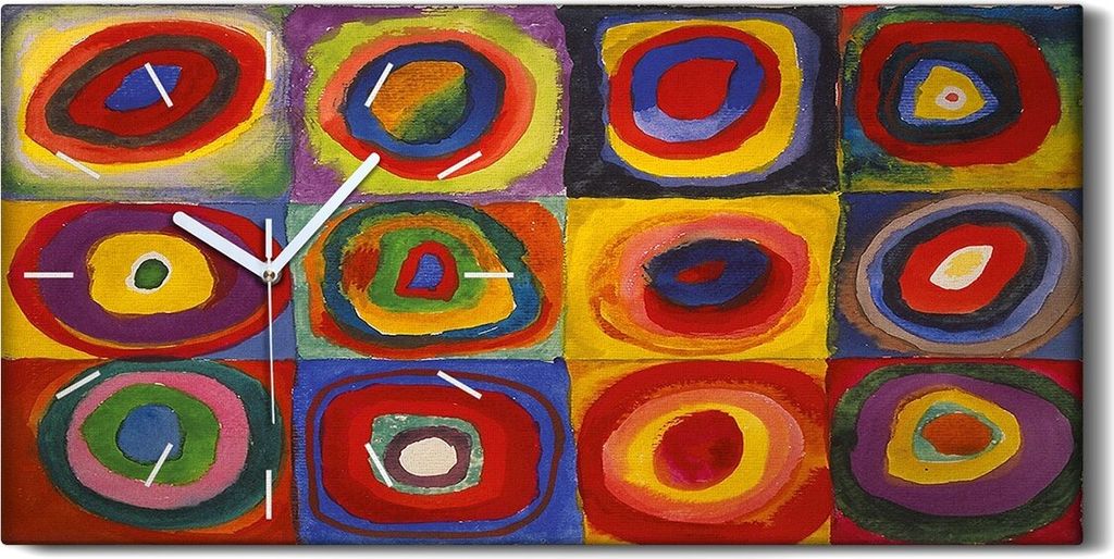 Wohnzimmer-Bild Leinwand Uhr 60x30 Quadrate mit konzentrischen Kreisen - weiße Hände