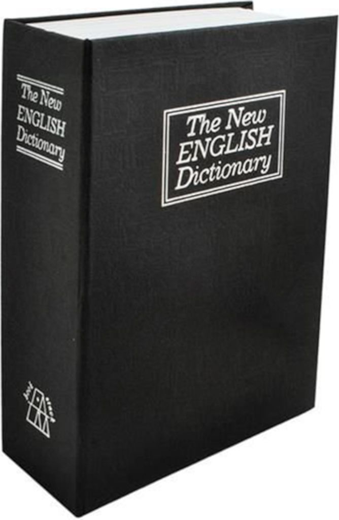 A black book safe with the title 'The New English Dictionary' printed on the cover and spine.