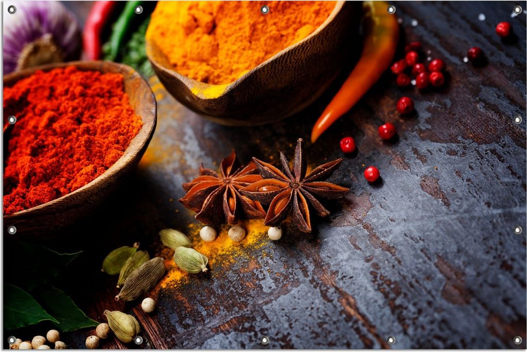 Wallario Outdoor-Poster für Garten oder Balkon, Motiv Exotische Gewürze auf einem Holztisch, in ca. 120 x 180 cm