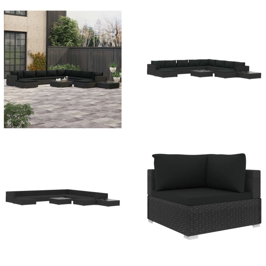 vidaXL 12 tlg. Garten Lounge Set mit Auflagen Poly Rattan Schwarz - Garten-Lounge-Set - Garten-Lounge-Sets - Gartensofa - Gartensofas