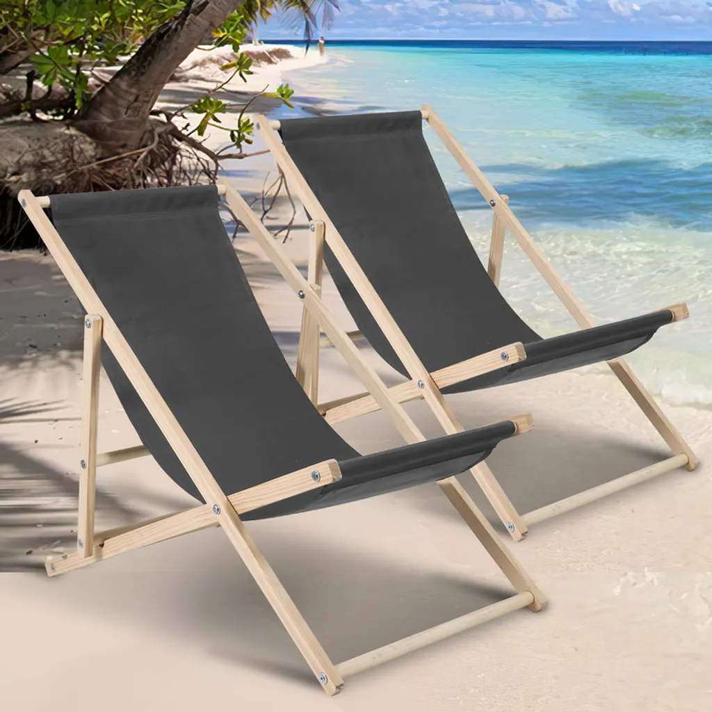 Set 2 Sdraio Pieghevoli Grigie in Legno per Giardino e Mare